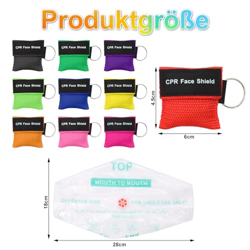 VEGCOO Beatmungsmaske Schlüsselanhänger, 10 Stück Beatmungsmaske Erste Hilfe, CPR Maske Face Shield mit Schlüsselbund für Rettung oder Training, 10 Farben