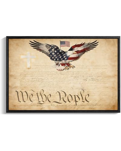 Image of American Flag Framed Canvas Wall Art, 4th of July Red White Blue Canvas Prints, USA Flag with Bald Eagle Patriotic Decorations, Vintage Independence Day Wall Decor for Bedroom Living Room 20x24