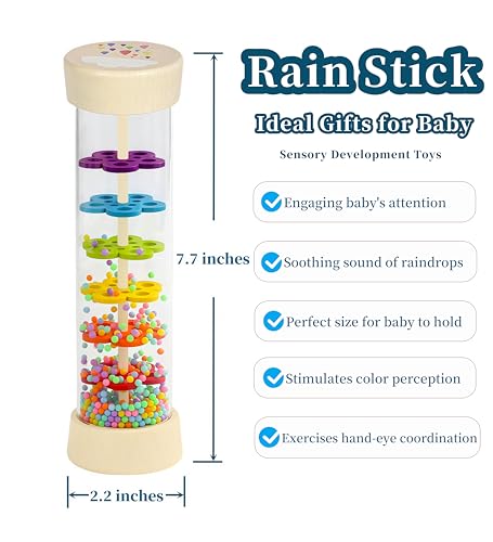 Oneshow Wooden Rain Stick Baby Toys, Montessori Sensory Rainmaker Rattle for Babies 6-12 Months, Musical Developmental Toy with Soothing Rain Sounds, Wooden Shaker Gift for Toddlers 1 Year Old - 7.7"