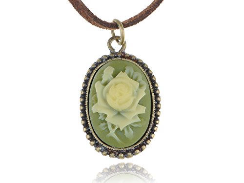 Alilang Antique Golden Tone Vintage Faux Suede Enamel Rose Oval Pendant Necklace