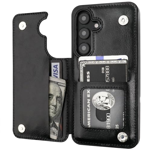 ONETOP for Samsung Galaxy S25 Wallet Case with Card Holder, PU Leather Kickstand Card Slots Case, Double Magnetic Clasp and Durable Shockproof Cover 5G 6.2 Inch(Black)
