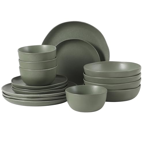 Image of Gibson Elite Menlo Park 16-Piece Pottery Clay Stoneware Dinnerware Set - Green Reactive Glaze, Organic Shape Embossed Plates and Bowls W /Pasta Bowl, Service for 4 - Microwave & Dishwasher Safe