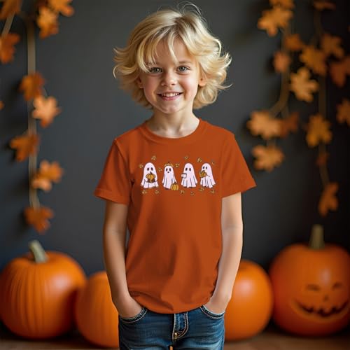 BOUTIKOME Kid Boy Girls Halloween T-Shirt Embroidered Ghost Pumpkin Shirts Spooky Season Tees Short Sleeve Fall Tops Outfits4
