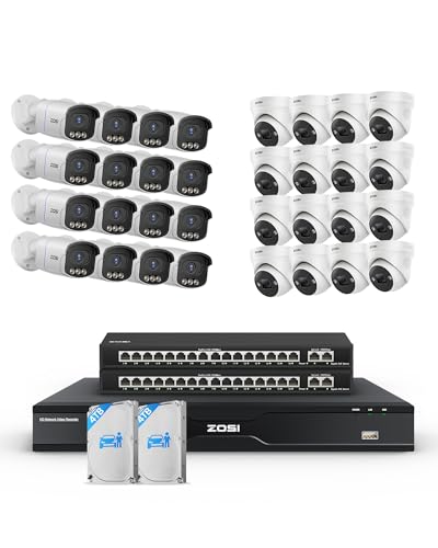 Image of ZOSI 32CH 4K PoE Security Camera System,32 x 8MP Full Color Night Vision Outdoor PoE Cameras,Person Vehicle Detection,2 Way Audio,Spotlight Siren,32CH Surveillance NVR with 8TB HDD for 24 /7 Recording
