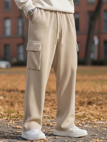 Image of Men's Ribbed Casual Cargo Pants | Stretchable & Comfortable Lower | Elastic Waist Drawstring | Relaxed Fit Stretchable & Comfortable Textured Fabric Cargo Pant for Men
