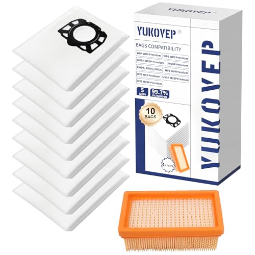 10 Staubsaugerbeutel für Kärcher WD4 WD5 WD6 WD5P WD6P MV4 MV5 MV6 Staubsauger Nass Trockensauger Beutel Zubehör Ersatzteile 2.863-006.0 (KFI 487 Beutel) und 2.863-005.0 (KFI 4410 Filter)