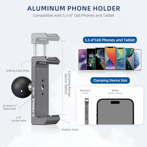 FANAUE Aluminum Phone Holder with 1\" Ball Head Adapter Compatible with RAM mounts B Size Double Socket arm (CPC-08)
