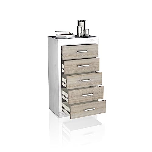 duehome | Sinfonier 5 Cajones, Cómoda, Almacenaje Dormitorio, Modelo Kira, Acabado en Andersen Pino y Gris Medidas: 60 cm (Largo) x 106,5 cm (Alto) x 39,6 cm de (Fondo)