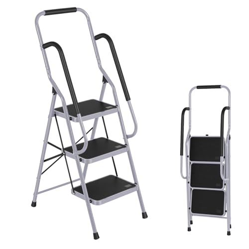 Step Ladder 3 Step Folding with Handrails, Folding Step Stool with Wide Anti-Slip Pedal, Sturdy Steel Portable Ladder, Lightweight Step Stool Foldable for Library Home Garage Office, Gray