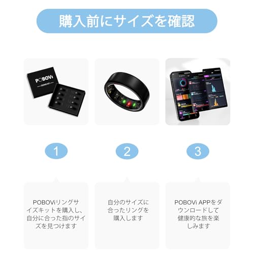 POBOViスマートリング 睡眠/ストレス/心拍数トラッカー 睡眠管理 健康管理 女性の健康管理 最大5～7日間のバッテリー持続 ワイヤレス充電ケース対応IP68防水 アプリ購読不要 iOS/Android対応 （ブラック、サイズ7）