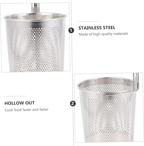 Image of KRESHU Micro-Perforated Mesh Design with Sturdy Wooden Handle | Stainless Steel Pasta and Noodle Strainer Basket | Frying Baskets for Chips | Anti-Corrosion Spider Drainer (35.5x14x14 cm) - Silver
