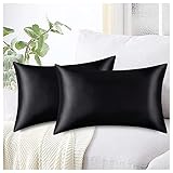 HOMIDATE Queen Pillowcase Set of 2, Black Pillow Cases, 100% Washed Polyester Satin Pillow Shams, Lu