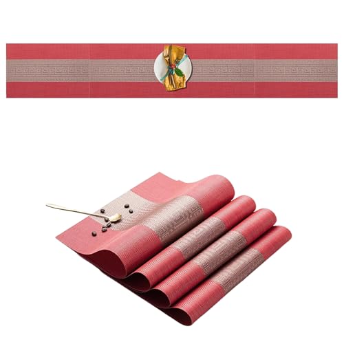 Image of Dining Table Placemats & Runner Set - Heat Resistant, Washable & Stain Resistant Woven Vinyl Mats | Table Runner & 4 Placemats Set for Stylish Dining (45x30 cm Placemats, 180x30 cm Runner)