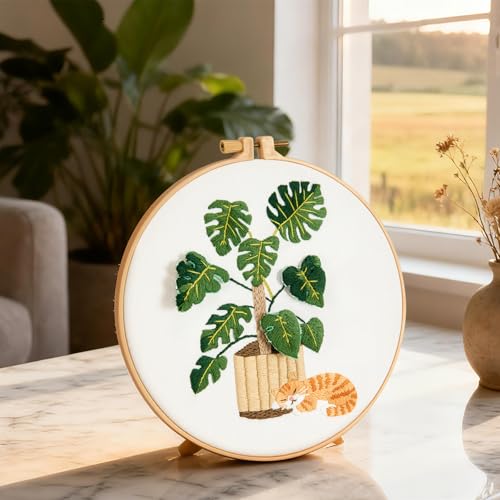 Image of Monstera Embroidery Kits for Beginners Adults, Cat Hand Embroidery Kits, Potted Plant Cross Stitch Kits for Beginners DIY Craft Kits for Adult Women, Entire Set of Embroidery Supplies & Video Tutorial