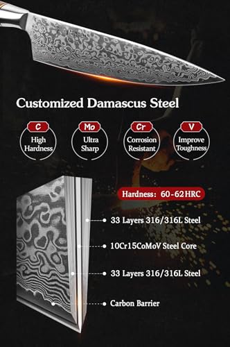 HEZHEN-8.3” Chef's Knife Professional Kitchen Knife, 67 Layers Damascus Steel Chef Knife, Japanese Style Stainless Steel Gyuto Knife,Figured Sycamore Wood Handle Cooking Tool - Image 3