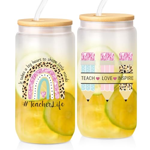 Frerdui Best Teacher Appreciation Gifts, Present for New Educators, 16 Oz Glass Coffee Cup with Straws, Thank You Gifts from Students for Teacher's Day Graduation Gift, or Preschool Teacher