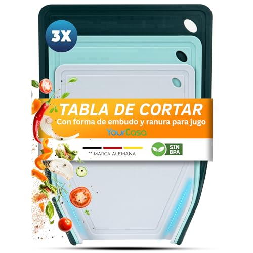 YourCasa Juego de 3 tablas de cortar con surco para zumos, antideslizantes, aptas para lavavajillas (tonos verdes)