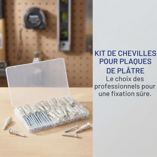 Lot de 120 chevilles et vis murales pour plaques de plâtre, fixations robustes pour plaques de plâtre, 60 vis pour plaques de plâtre et 60 chevilles brutes assorties pour cloisons sèches pour murs – vue 4