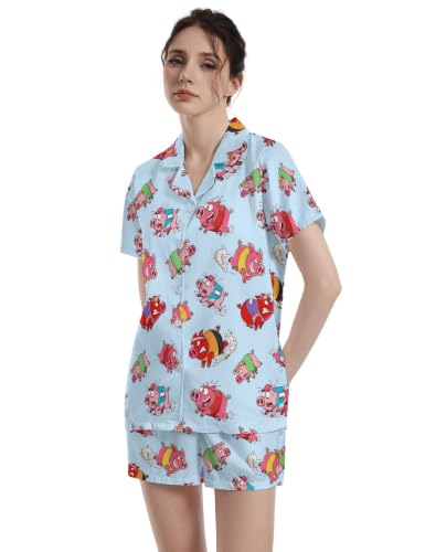 Image of Funny Pajamas for Women Set Print Satin Loungewear Pjs Short Sleeve Button Down Top and Shorts Sets Sleepwear XS-3XL