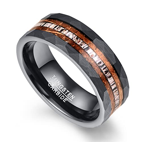 NUNCAD 8mm Tungsten Ring for Men, Black Inlaid Whisky Barrel Wood Antler Hammered Tungsten Wedding Bands Customize Engraved Ring Fit Men Women Size 7-122