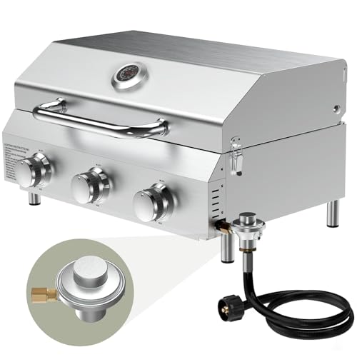 Image of Bestfire 3-Burner Tabletop Propane Gas Grill with Dual Connections, 30,000 BTU Portable Propane Grill Fits Large Cylinders & Small Canisters, Stainless Steel Knobs, Compact Design for Camping, RV, BBQ