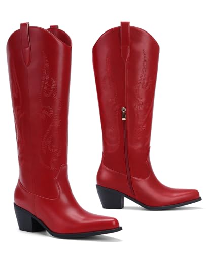 Image of Pasuot Western Cowboy Boots for Women - Knee High Wide Calf Cowgirl Boots, Slip On Pointed Toe Chunky Heel Fashion Retro Classic Pull On Tall Boot for ladies Party concert