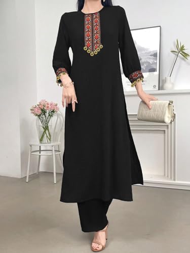 Tadkee Women's Vintage Patchwork With Pendant Decor Lace | 3/4 Sleeve | Kurta Set For Women (Fn-Pop-Lace-Kurta-Set-122-Black-M)