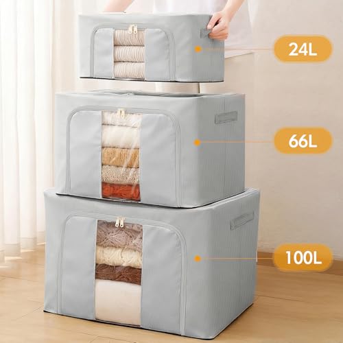 AIOR 3 Stück Aufbewahrungstasche mit Metallrahmen, 24L Faltbare Kleideraufbewahrung Schrank Organizer für Kleidung, Decken, Kissen Quilt