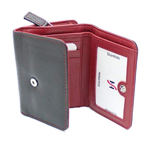 STARHIDE Ladies RFID Blocking Compact Genuine Leather Small Wallet With Zip Around Coin Pouch On The Side 5555 (Black Red)