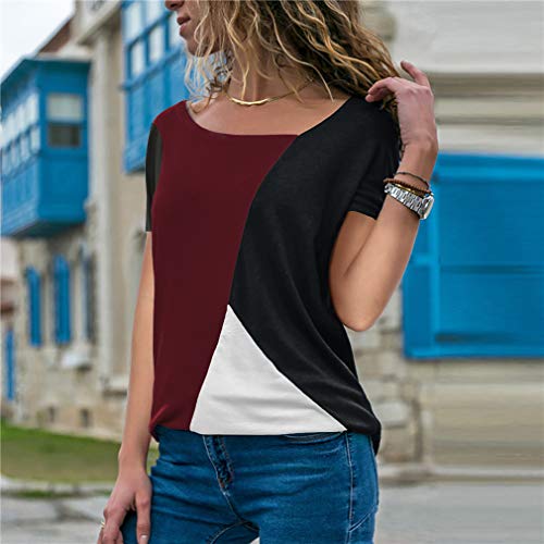 Sarin Mathews Womens Shirts Casual Tee Shirts Short Sleeve Patchwork Color Block Loose Fits Tunic Tops Blouses Black+WineRed XL
