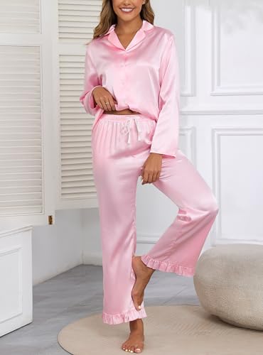 Image of Veseacky Women Satin Pajamas Set 2 Piece Button Down Short Sleeve Soft Sleepwear with Pockets