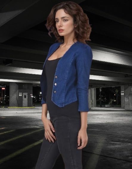 Image of Wingzss Women's Denim Cropped Blazer, Button Front, 3 /4 Sleeve, Sky Blue