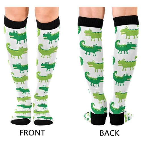 Pigsaly Cartoon Crocodiles Women's Compression Socks Green Alligator Athletic Tube Sock Unisex Casual Knee High Socks Outdoor Sport Socks For Running Hiking Travel2