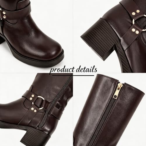 Image of Women's Knee High Riding Boots Chunky Heel Wide Calf Motorcycle Boots with Side Zipper