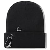 Embroidered Cat Moon Beanie for Women Winter Hat Gifts Cuffed Knit Skull Caps, Acrylic, Black