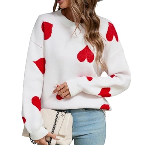 Image of FeMereina Women Valentines Day Sweater Long Sleeve Embroidery Heart Sweater Oversized Knitted Pullover Jumper Tops (White, XL)