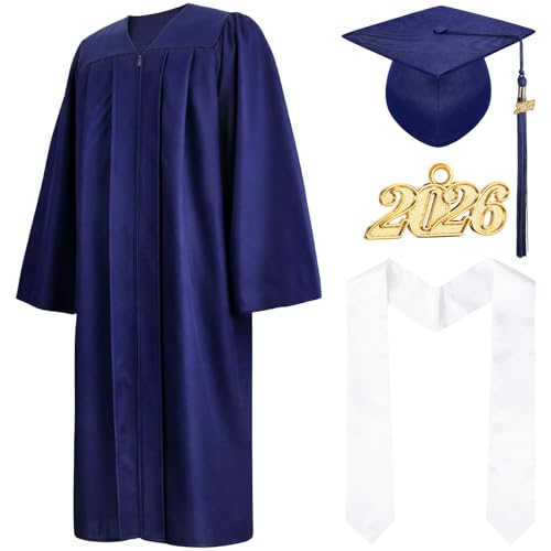 2026 Unisex Adult Graduation Cap and Gown Tassel Set for Middle School High School Bachelor Blue 45