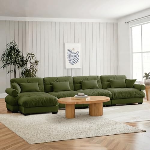 Image of SoarFlash Sectional Couches for Living Room, L Shaped Sofa Couch with Velvet Fabric, 4 Seat Modern Sofa with Ottoman, Removable Pillows for Apartment, Green