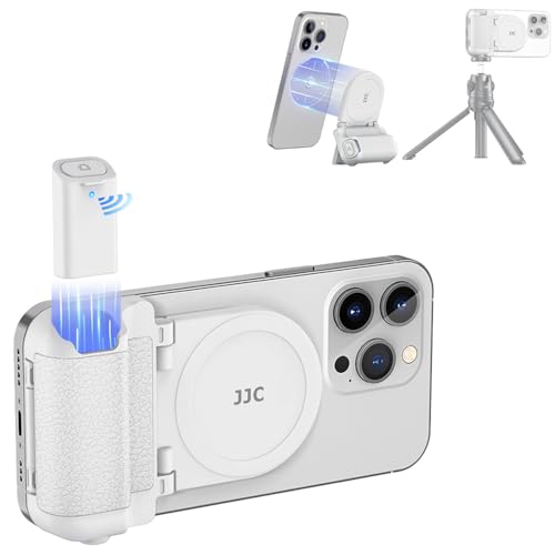 JJC Magnetic Phone Grip with Bluetooth Remote Control, Magsafe Phone Camera Handle for iPhone Android Smartphones, Desk Stand & Tripod Mount Adapter - White
