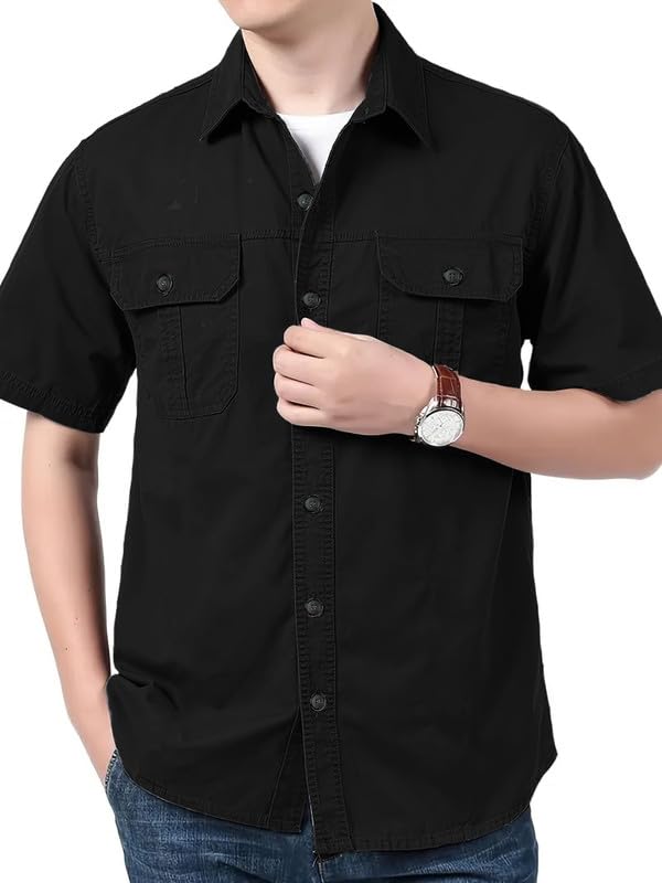 Image of SHIENZY Men's Regular Fit Solid Printed Cotton Casual Shirt || Half Sleeve, Double Pocket || Denim Jacket Style Fashionable Western Outfit