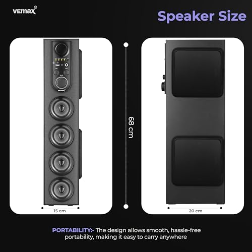 Image of VEmax Mauve 6.1 Channel Bluetooth Double Woofer 110W Tower Speaker with Karoake MIC Support, USB, FM (BIS Certified)