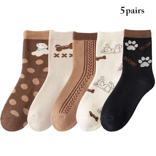 5 pares de meias femininas vintage com desenho animado de algodão para caminhada macias e leves térm