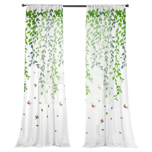 Cortinas de ventana transparentes y verdes, pack de 2 paneles con estampado botánico 3