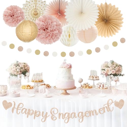 Image of Champagne-Gold Fall Boho Happy-Engagement Party-Decorations - 21pcs Women She Said Yes Proposal Banner Streamers, Beige One Sweet Peach Paper Lanterns,Flower Tissue Pom Poms Fan Favors Decor Huglony