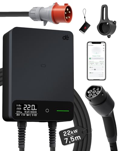 dé Wallbox 22kW mit APP, 7,5m Typ 2 Ladekabel mit Kabelhalter, 3-Phasen EV-Ladegerät (6-32A, 400V), für BEV/PHEV, RCD Type A 30mA AC + 6mA DC & IP54-Schutz, effiziente Ladestation für Zuhause, Schwarz