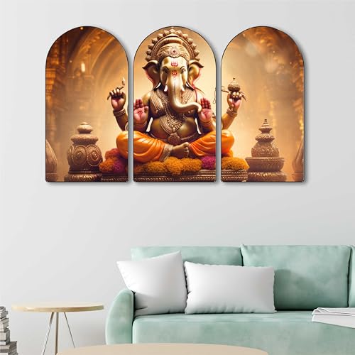 Image of SAF Lord Ganesha Wall Art 3 Panel Set | Golden Divine Ganpati Painting on MDF | Spiritual Wall Hanging for Home Temple Living Room Bedroom Office Decor (30 x 50 Inch) RPNL-74