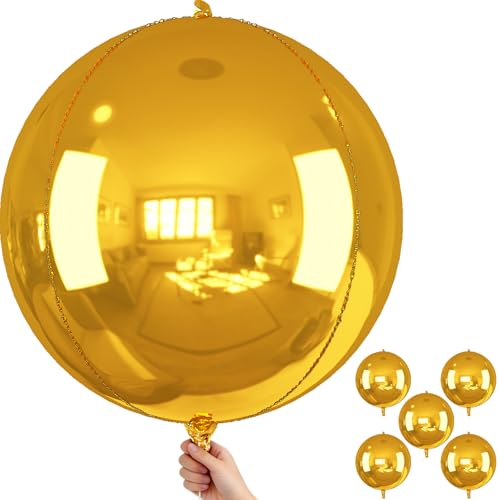 Image of Gold Round Foil Balloons 32 Inch 5 Pcs 4D Ball Balloons Metallic Golden Balloon Ornament Mylar Balloon Chrome for Birthday Graduation Wedding Anniversary New Year Disco Party Decorations