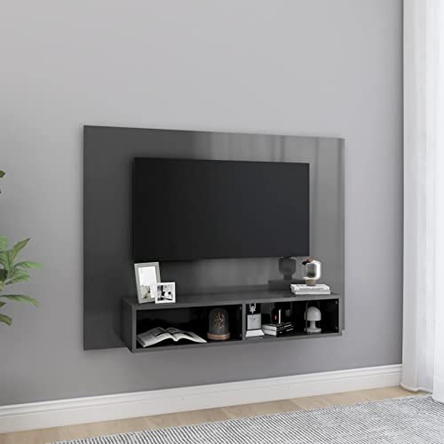 Tidyard Mueble de TV de Pared con Compartimentos Abiertos Mueble para TV Mesa Flotante para TV Mesa de Salón aglomerado Gris Brillante 120x23,5x90 cm