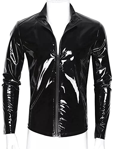 SEAUR Men's Shiny Patent Leather Jacket Casual Slim Fit Leather Muscle Tank Top T-Shirts Nightclub Party Clubwear2