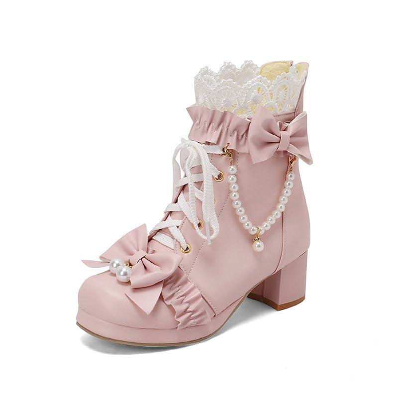 Women Lace Up Bow Platform Ankle Boots Chunky Mid Heel Cute Lolita Boots Cosplay Winter Shoes